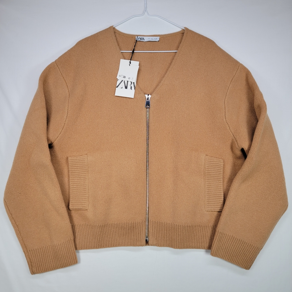 Zara Camel V-Neck Zip Cardigan